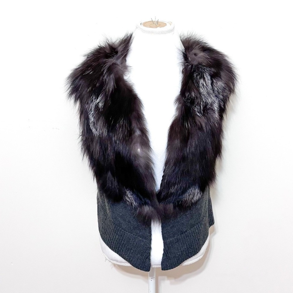 Metric Knits Womens Silver Fox‎ Fur Wool Vest Size S Gray Brown Glam Knit Jacket